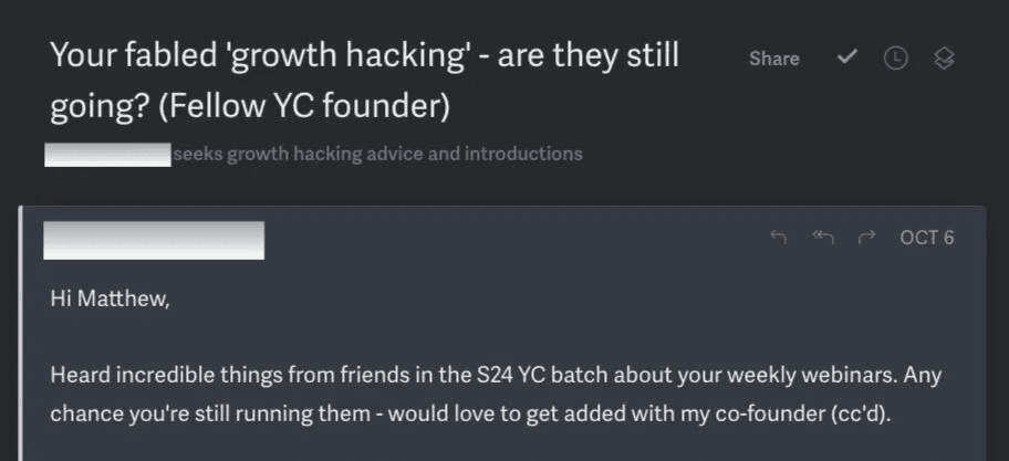Message from a founder describing the value of the community